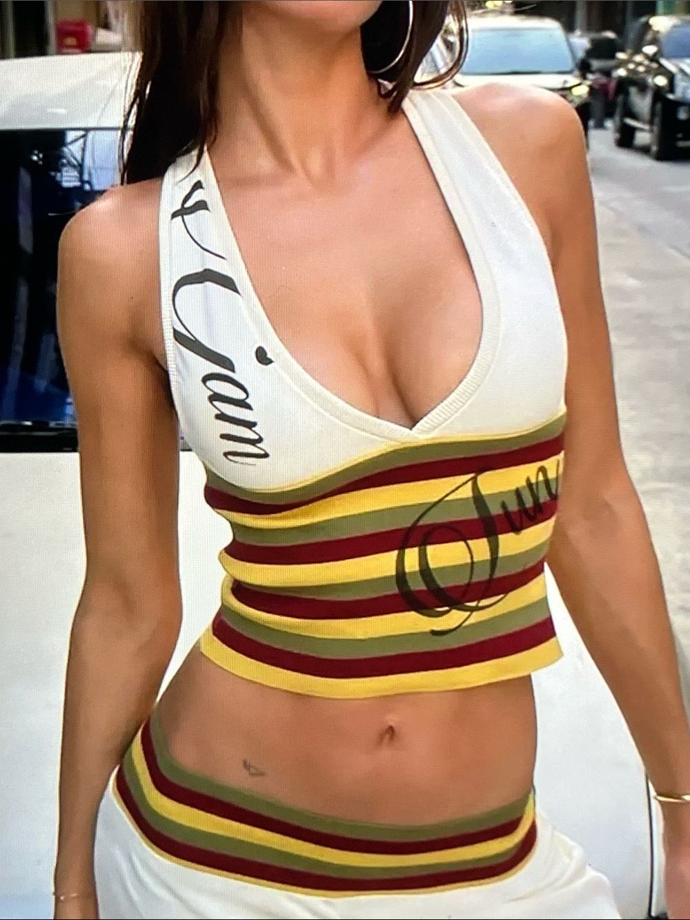 West Coast Letter Print Striped Halter & Wide Leg Pants Set